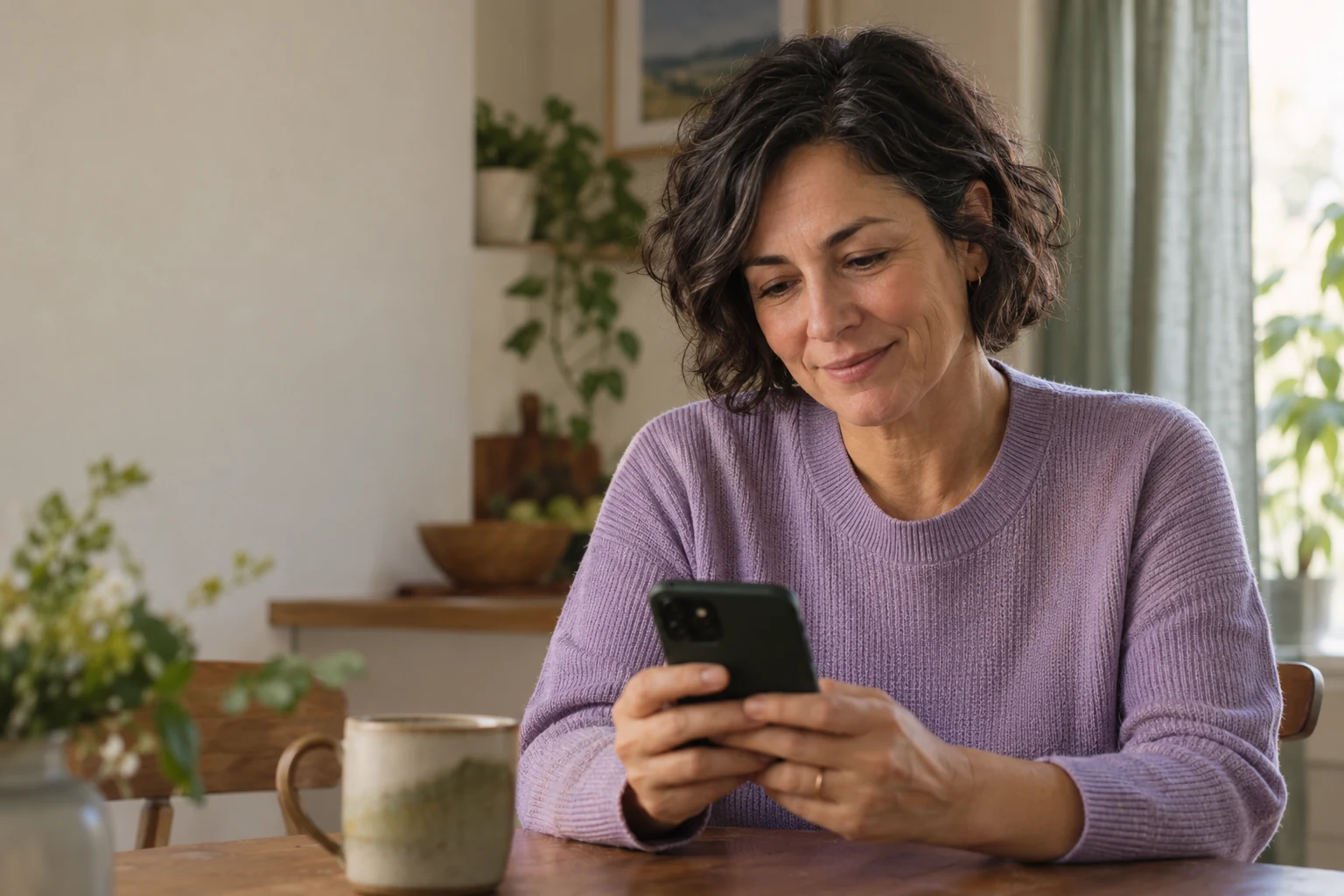 A woman at home consulting a resource on her phone